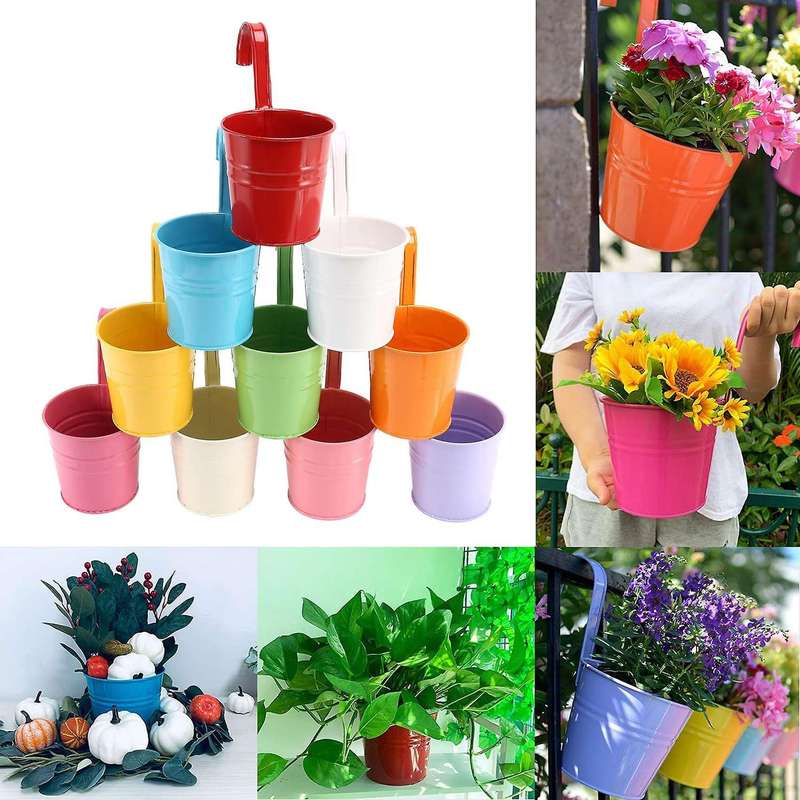 Set of 10 Metal Hanging Flower Pots with Detachable Hook and Drainage Hole for Windows, Walls, Fence