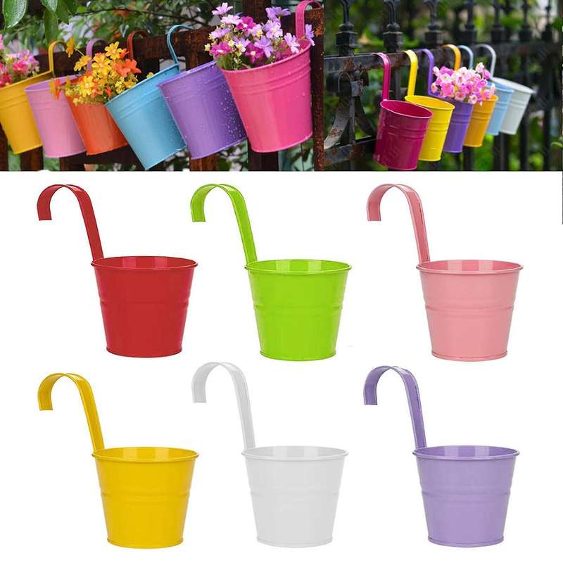 Set of 10 Metal Hanging Flower Pots with Detachable Hook and Drainage Hole for Windows, Walls, Fence