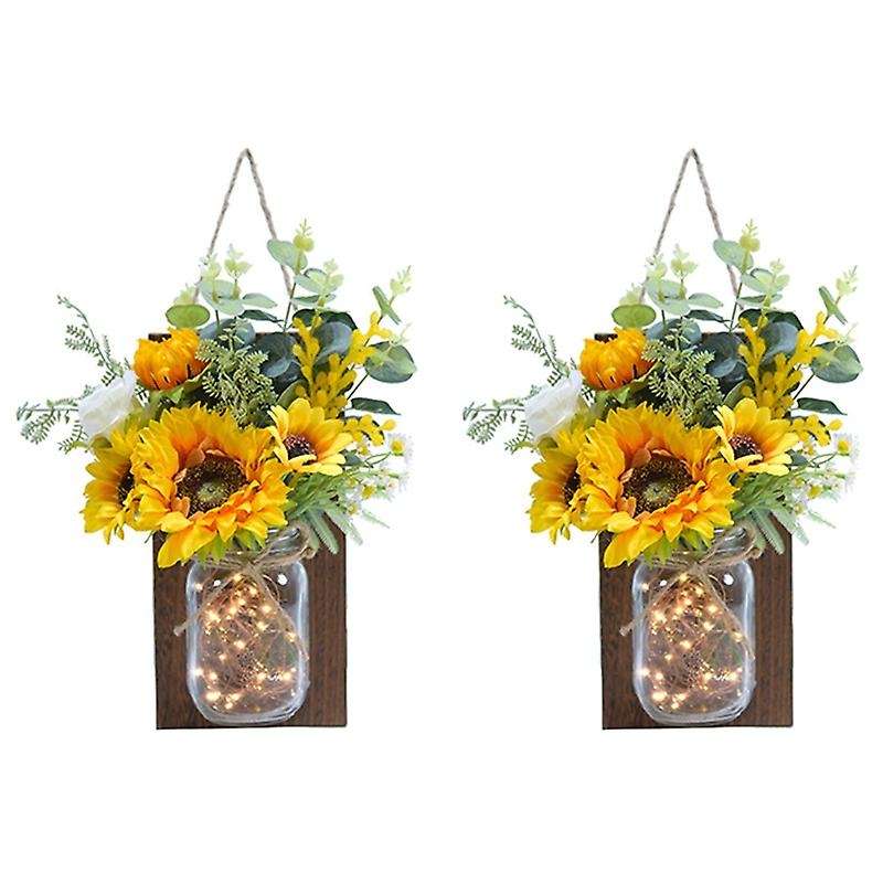 Set of 2 Sunflower Jar Sconces Wall Decor, LED Fairy Lights for Home Kitchen Living Room House Decor