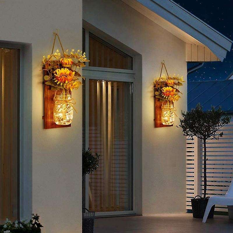 Set of 2 Sunflower Jar Sconces Wall Decor, LED Fairy Lights for Home Kitchen Living Room House Decor