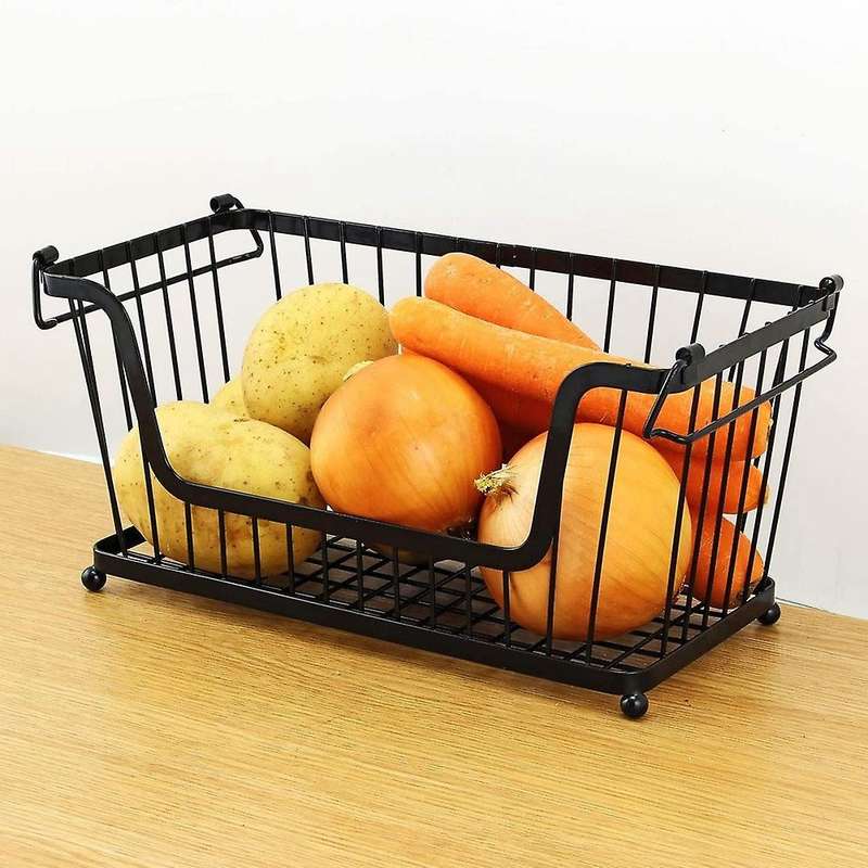 Set of 3 Black Storage Stacking Wire Basket Stackable Shelves Vegetable Food Kitchen Storage Rack St