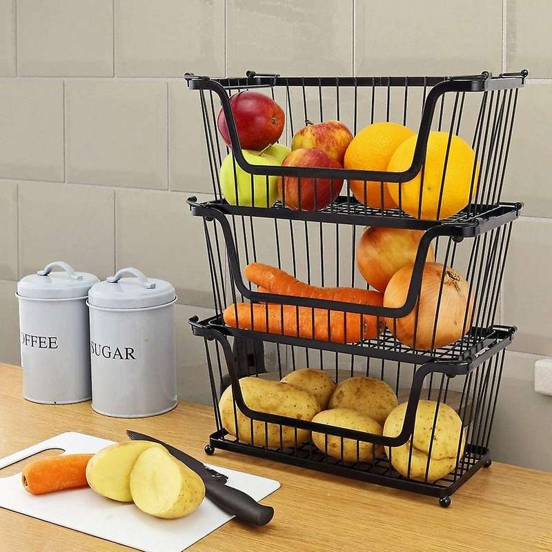 Set of 3 Black Storage Stacking Wire Basket Stackable Shelves Vegetable Food Kitchen Storage Rack St