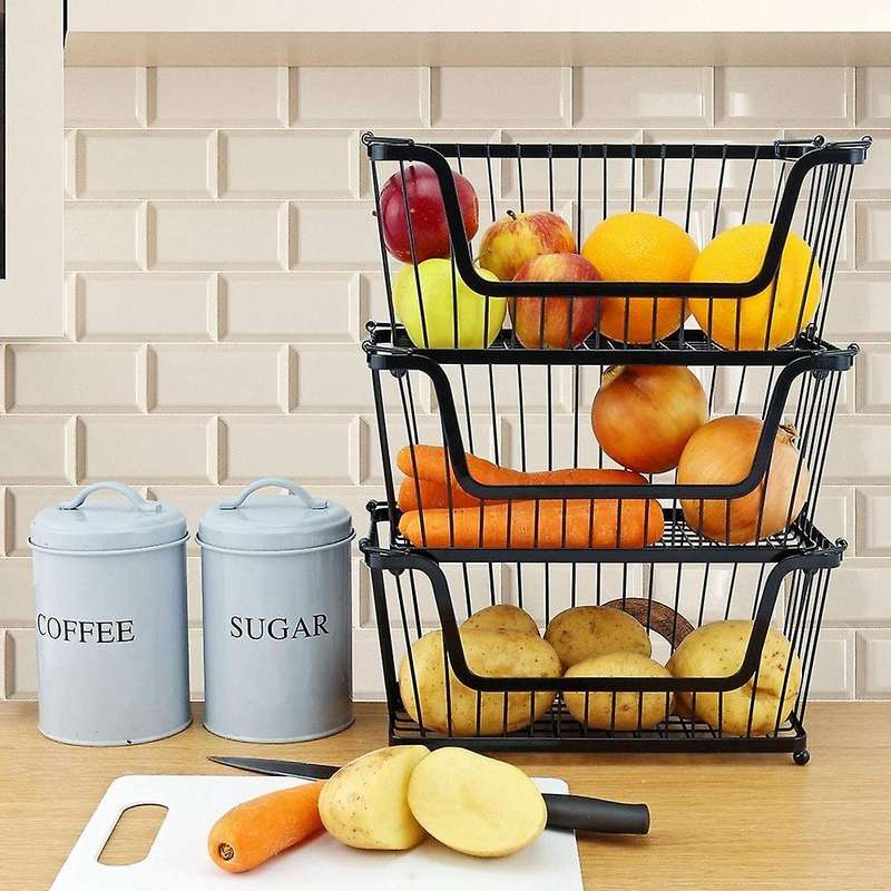 Set of 3 Black Storage Stacking Wire Basket Stackable Shelves Vegetable Food Kitchen Storage Rack St