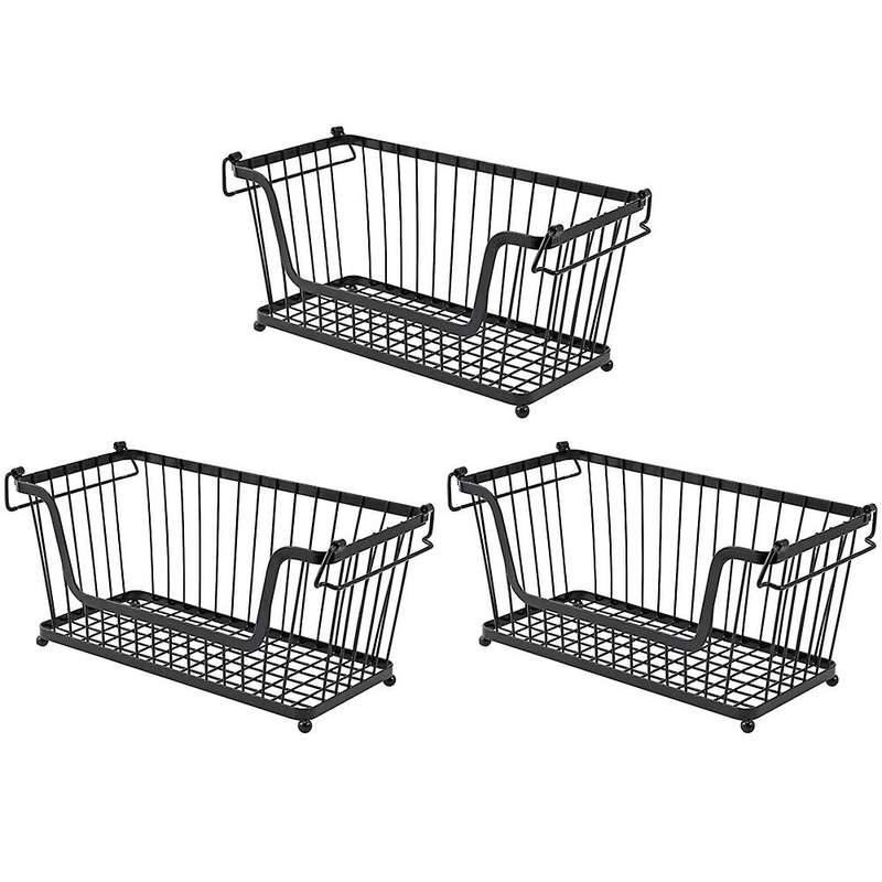 Set of 3 Black Storage Stacking Wire Basket Stackable Shelves Vegetable Food Kitchen Storage Rack St
