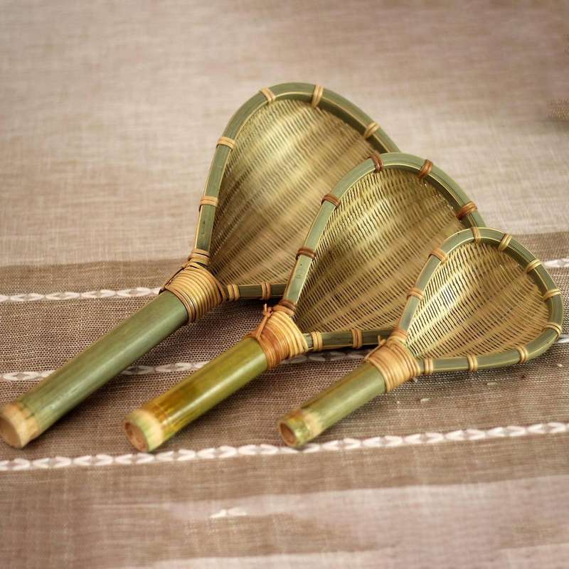 Set of 3 Bamboo Colander Sieve Sifters with Long Handle Handmade Braided Rice Colander Flour Spoon D