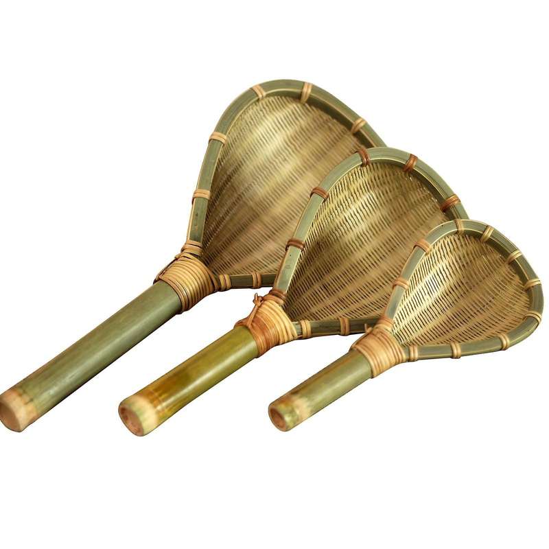 Set of 3 Bamboo Colander Sieve Sifters with Long Handle Handmade Braided Rice Colander Flour Spoon D
