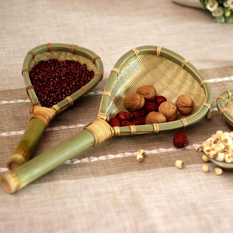 Set of 3 Bamboo Colander Sieve Sifters with Long Handle Handmade Braided Rice Colander Flour Spoon D