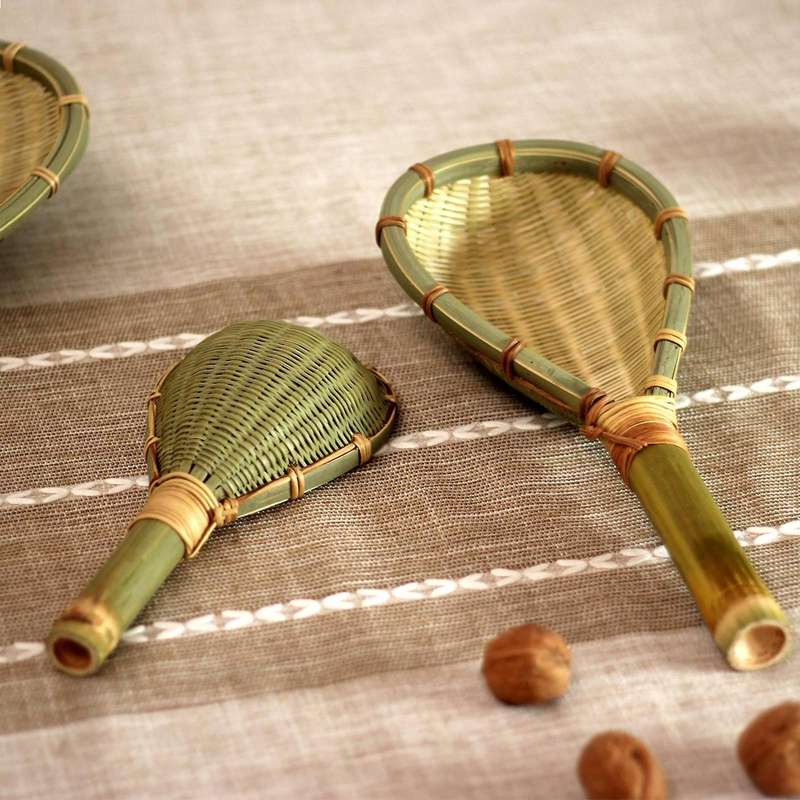 Set of 3 Bamboo Colander Sieve Sifters with Long Handle Handmade Braided Rice Colander Flour Spoon D