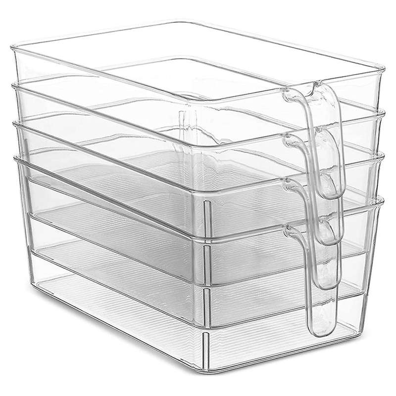 Set of 4 Clear Refrigerator Pantry Organizer Bins Household Plastic Food Storage Basket with Handles