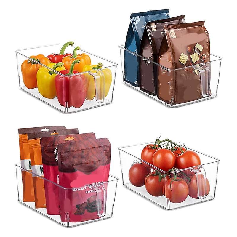Set of 4 Clear Refrigerator Pantry Organizer Bins Household Plastic Food Storage Basket with Handles