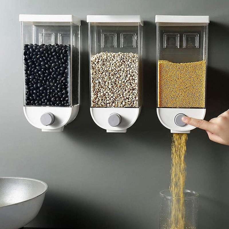 Set of 3 Wall Mounted Cereal Dispensers, 1.5L Capacity Easy Press Dry Food Grains Nuts Coffee Bean D