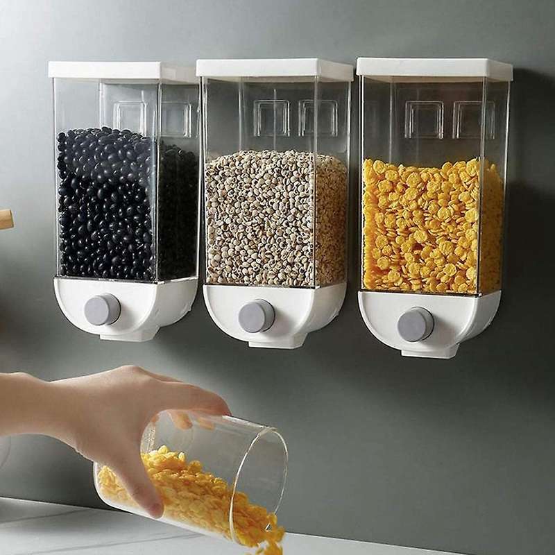 Set of 3 Wall Mounted Cereal Dispensers, 1.5L Capacity Easy Press Dry Food Grains Nuts Coffee Bean D