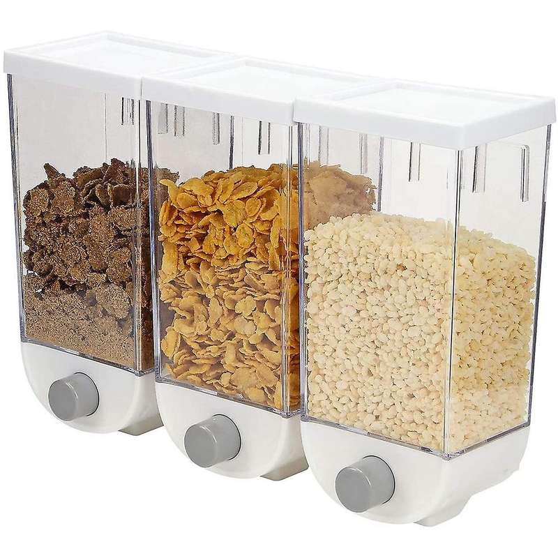 Set of 3 Wall Mounted Cereal Dispensers, 1.5L Capacity Easy Press Dry Food Grains Nuts Coffee Bean D