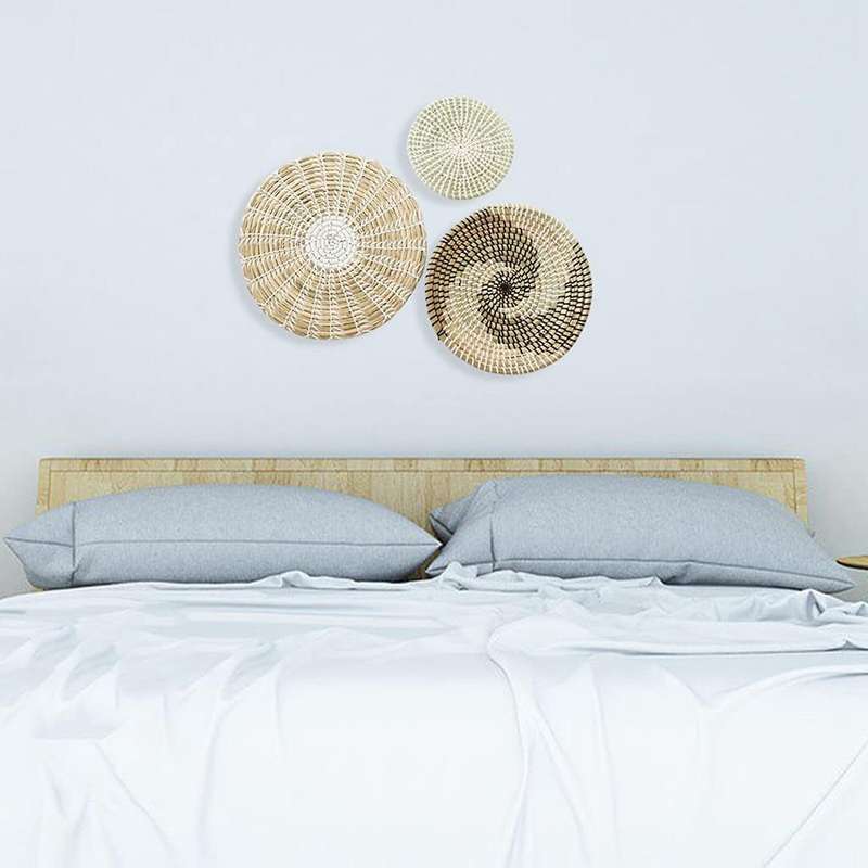 Set of 3 Wall Decor Wicker Baskets Natural Woven Seagrass Hanging Flat Baskets Ornament Boho Round B