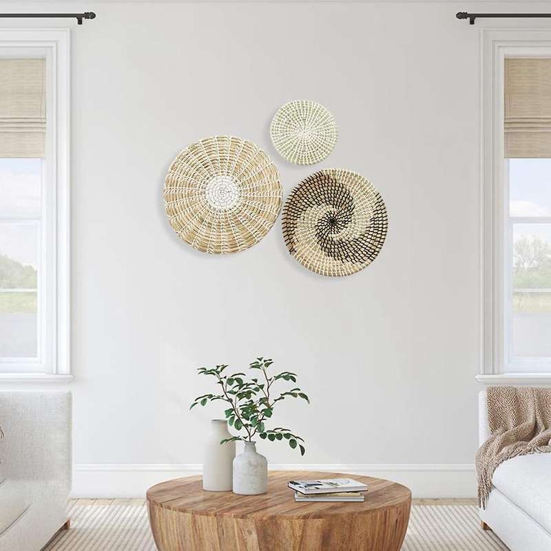 Set of 3 Wall Decor Wicker Baskets Natural Woven Seagrass Hanging Flat Baskets Ornament Boho Round B