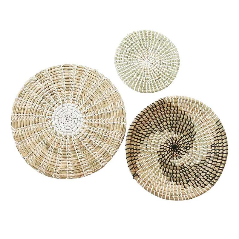 Set of 3 Wall Decor Wicker Baskets Natural Woven Seagrass Hanging Flat Baskets Ornament Boho Round B