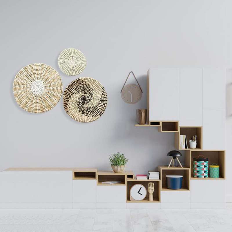 Set of 3 Wall Decor Wicker Baskets Natural Woven Seagrass Hanging Flat Baskets Ornament Boho Round B