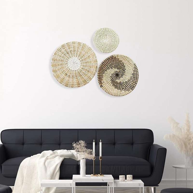 Set of 3 Wall Decor Wicker Baskets Natural Woven Seagrass Hanging Flat Baskets Ornament Boho Round B