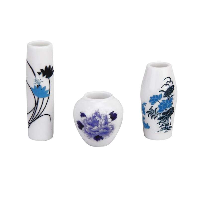 Set Of 3pcs Dollhouse Miniature Plastic Flower Vase---blue Painted Floral