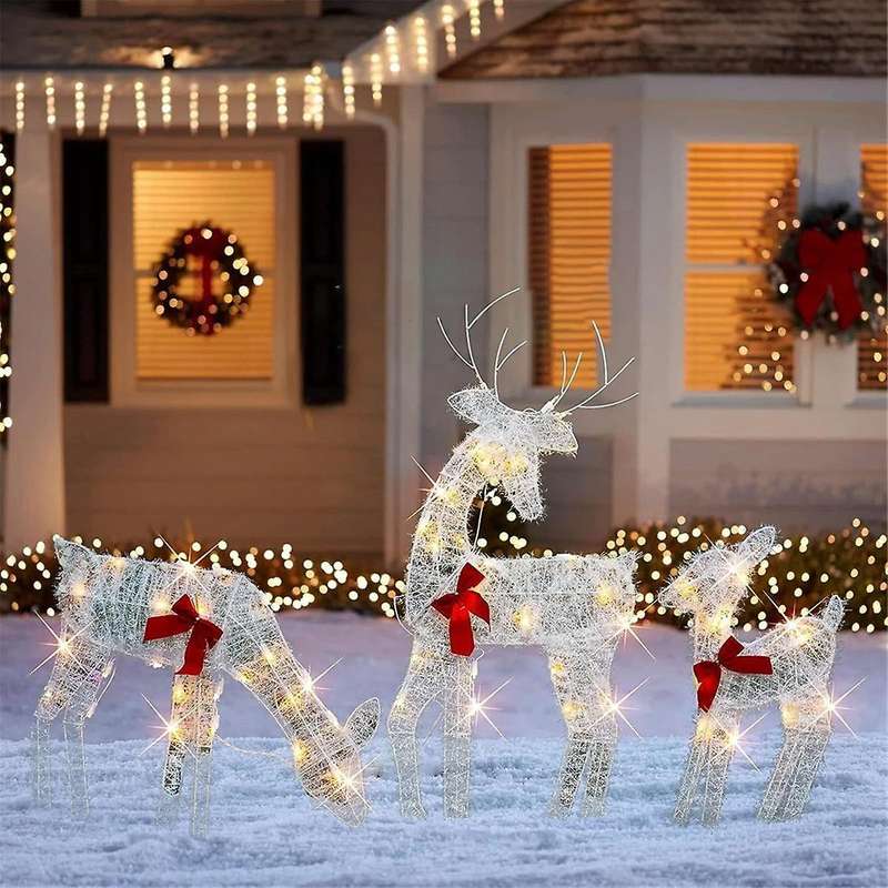 Set Of 3 Lighted Christmas 2d Reindeers Outdoor Decorations, Pre-lit Xmas Rudolph & Santa Sleigh wit