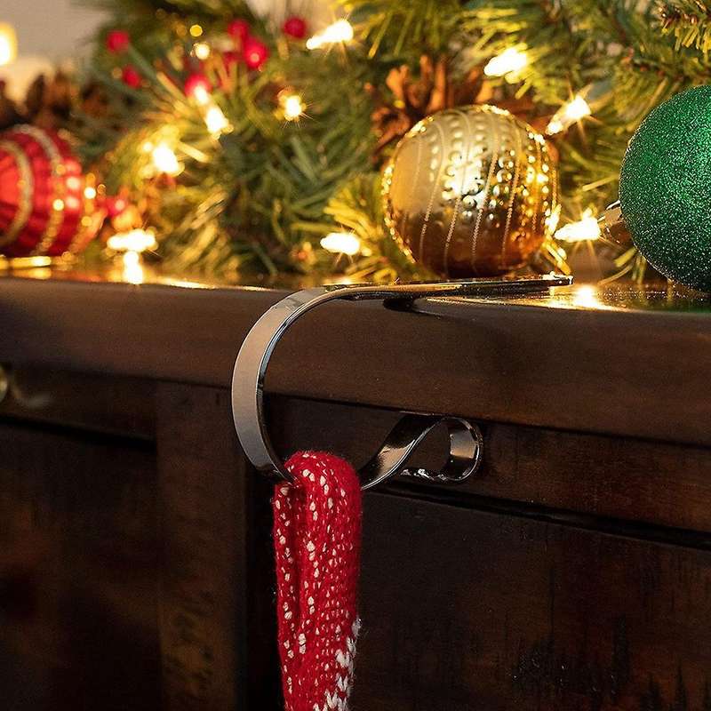 Set of 4 Christmas Stocking Hooks Holder Fireplace Topper Metal Hanger for Stockings Home DeCor Stan