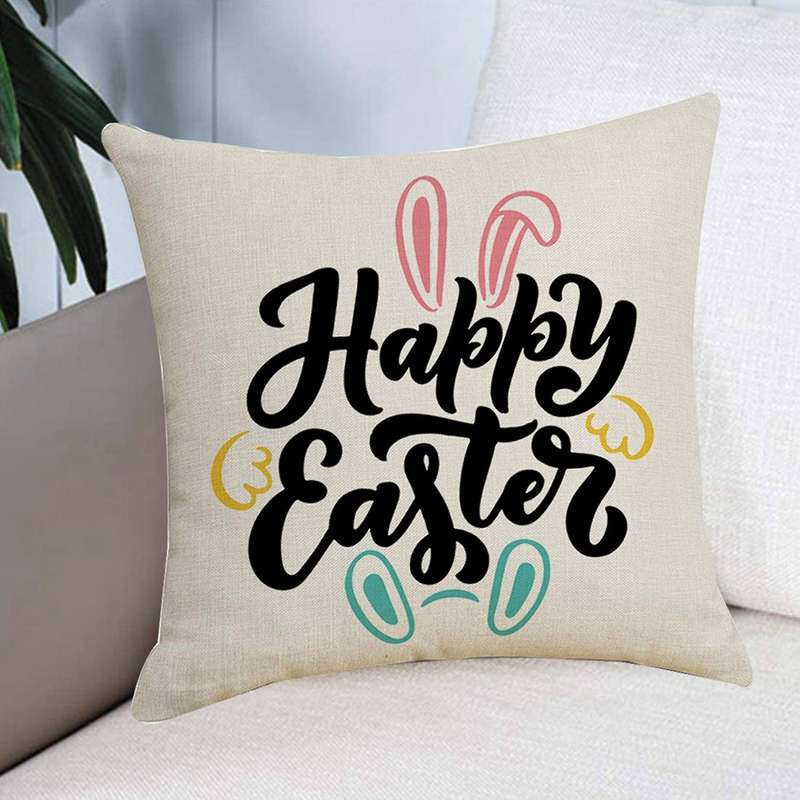 Set of 4 Easter Pillow Covers Decorations Bunny Letter Easter Eggs Carrots Square Linen Throw Pillow