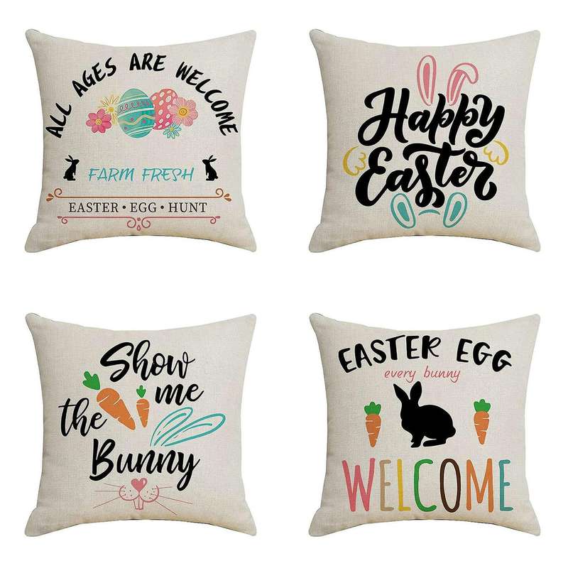 Set of 4 Easter Pillow Covers Decorations Bunny Letter Easter Eggs Carrots Square Linen Throw Pillow