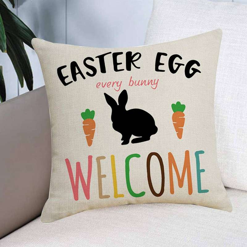 Set of 4 Easter Pillow Covers Decorations Bunny Letter Easter Eggs Carrots Square Linen Throw Pillow