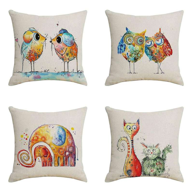 Set of 4 Watercolor Cartoon Animals Pillowcases Linen Cushion Covers Decor Sofa Car 45 X 45Cm Square