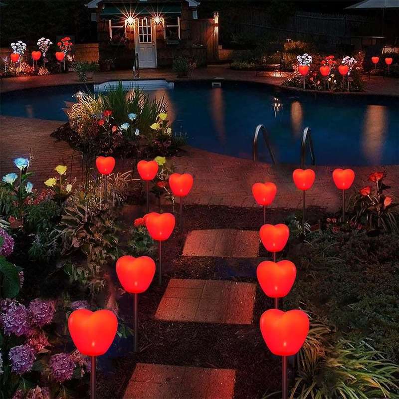Set Of 6 Solar Heart Stake Lights for Valentines Day Decor, Outdoor Waterproof Heart Shaped Light fo