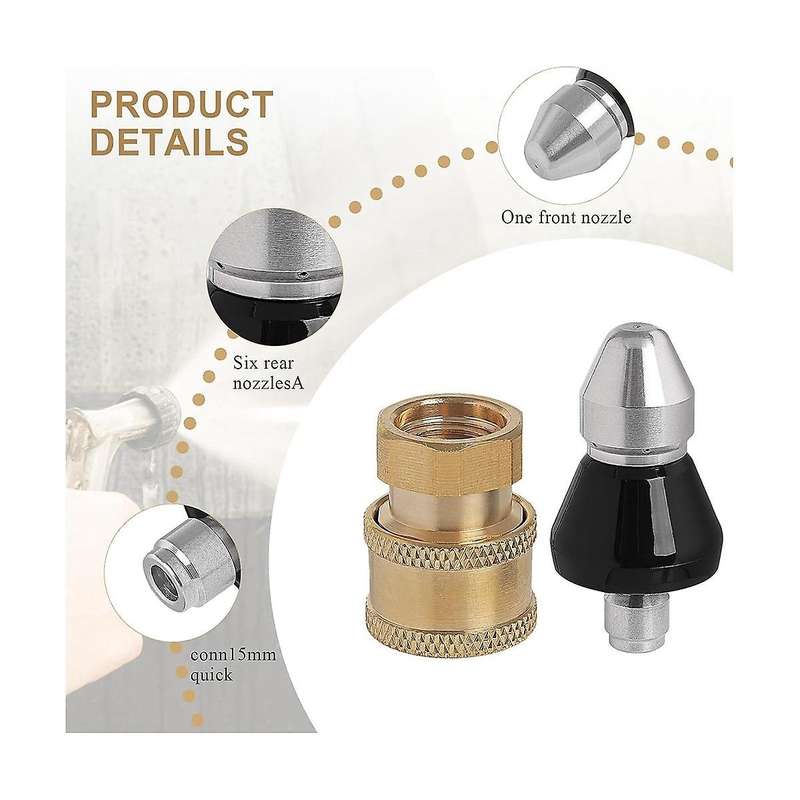 Sewer Cleaning Tool High-Pressure Nozzle, 1/4inch 1 Front 6 Rear Sewer Jetter Nozzle and Pressure Wa