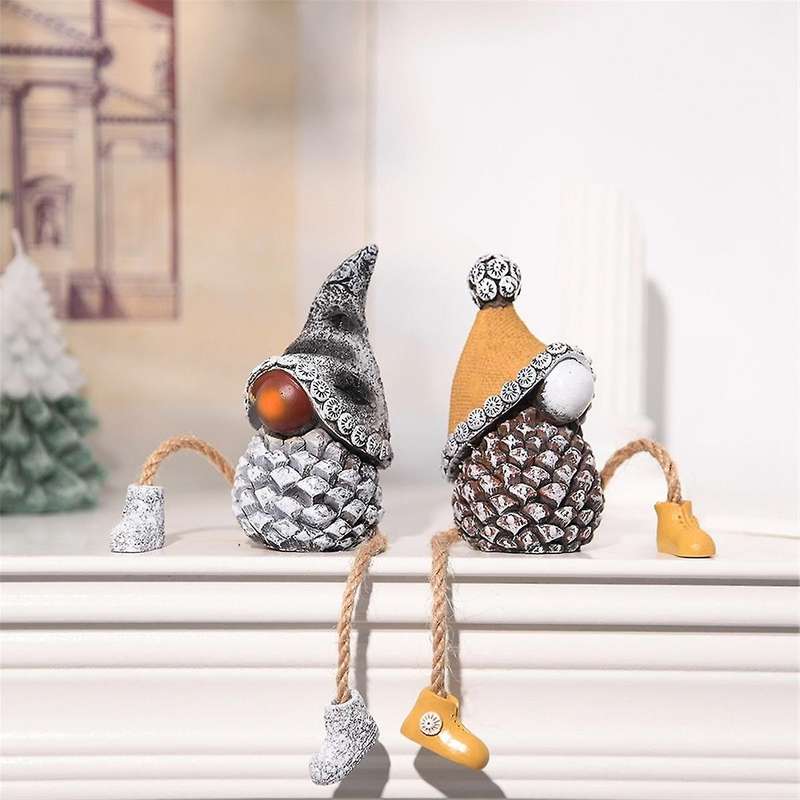 Shelf Sitters with Dangling Legs Pine Cone Gnomes Figurine Decor Set Of 2 Unique Mini Resin Faceles