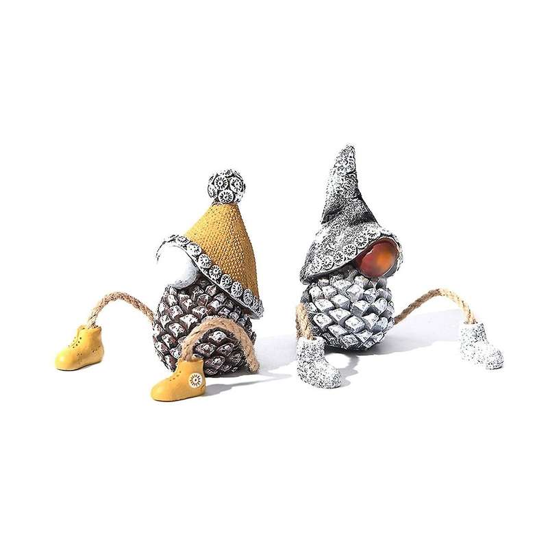 Shelf Sitters with Dangling Legs Pine Cone Gnomes Figurine Decor Set Of 2 Unique Mini Resin Faceles