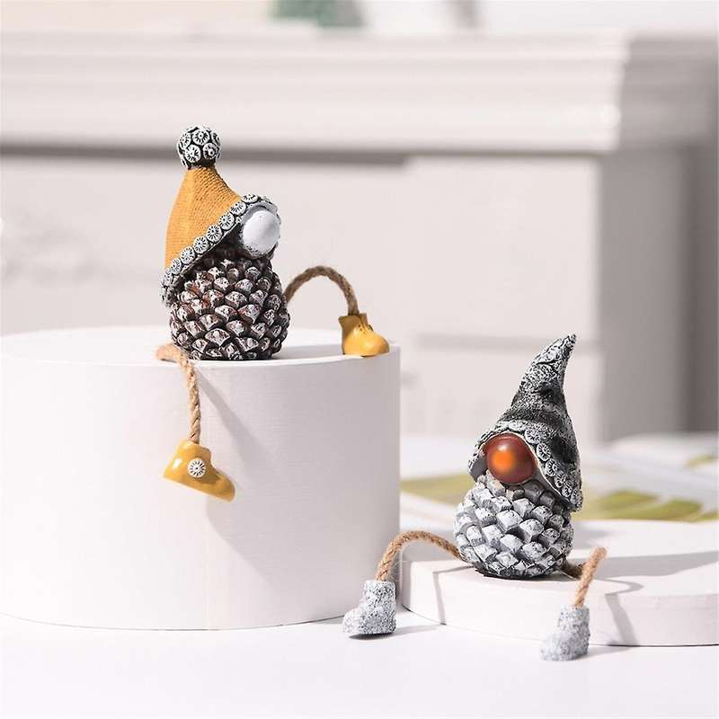 Shelf Sitters with Dangling Legs Pine Cone Gnomes Figurine Decor Set Of 2 Unique Mini Resin Faceles