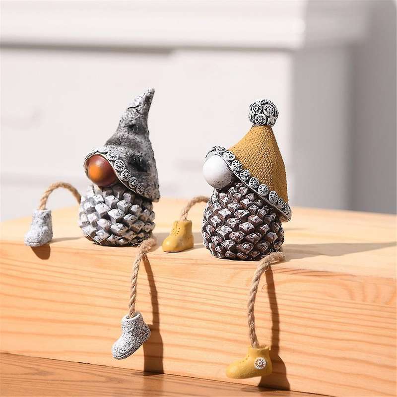 Shelf Sitters with Dangling Legs Pine Cone Gnomes Figurine Decor Set Of 2 Unique Mini Resin Faceles