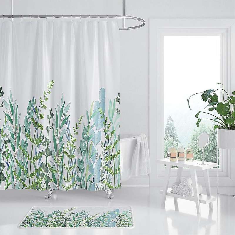 Shower Curtain with 12 Hooks Leaves Curtain Washable Textile Children Bathtub Digital Printing, 180