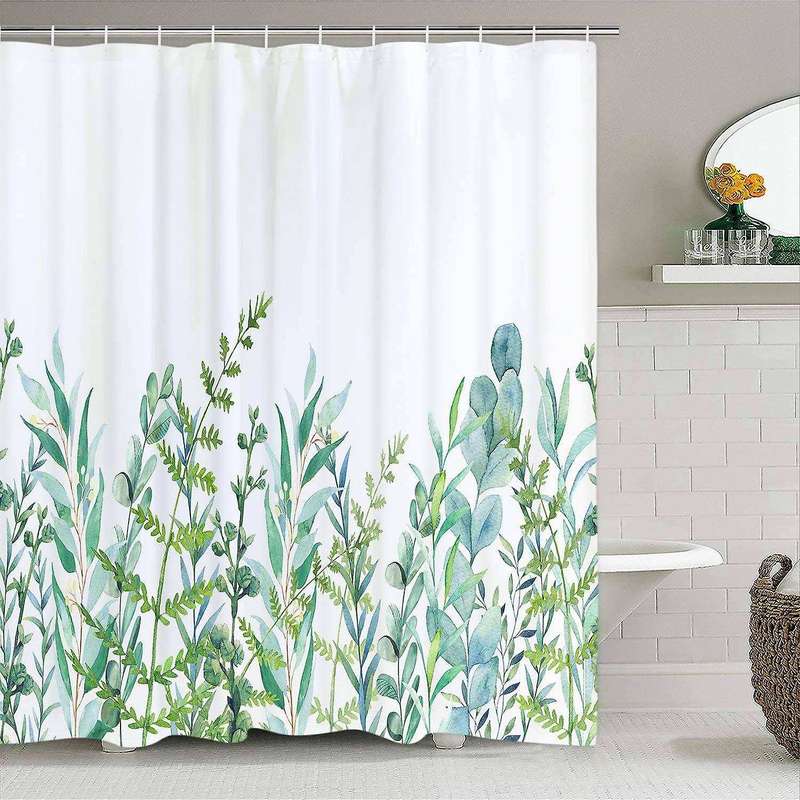 Shower Curtain with 12 Hooks Leaves Curtain Washable Textile Children Bathtub Digital Printing, 180