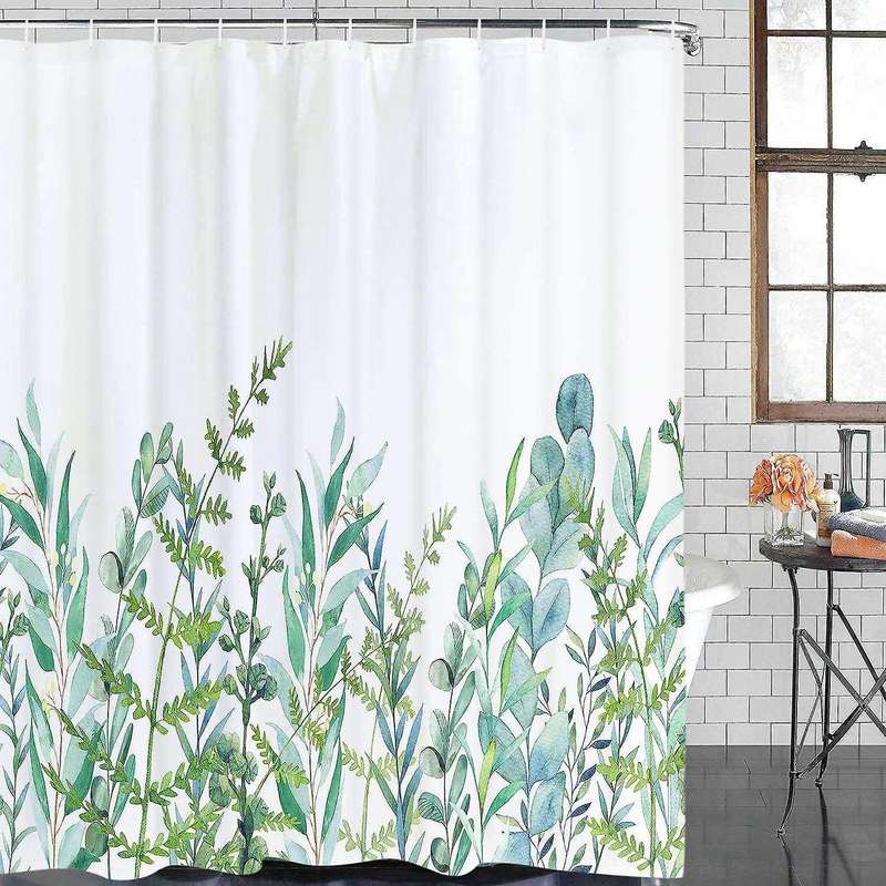 Shower Curtain with 12 Hooks Leaves Curtain Washable Textile Children Bathtub Digital Printing, 180