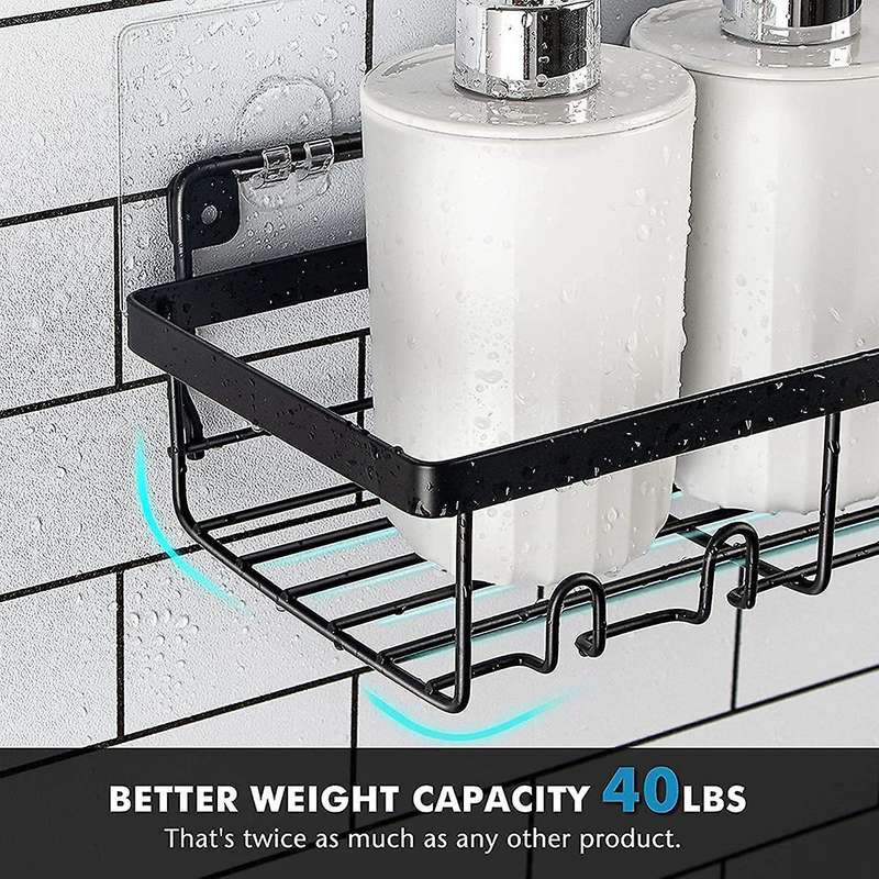Shower Shelf Organizer (2Pack) with 2 Soap Dishes, Adhesive Black Bathroom Basket Shelves with Hooks