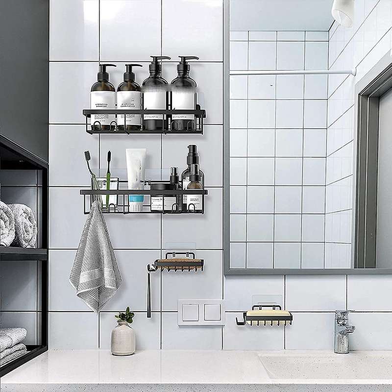 Shower Shelf Organizer (2Pack) with 2 Soap Dishes, Adhesive Black Bathroom Basket Shelves with Hooks