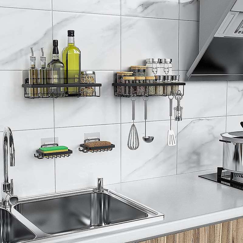 Shower Shelf Organizer (2Pack) with 2 Soap Dishes, Adhesive Black Bathroom Basket Shelves with Hooks