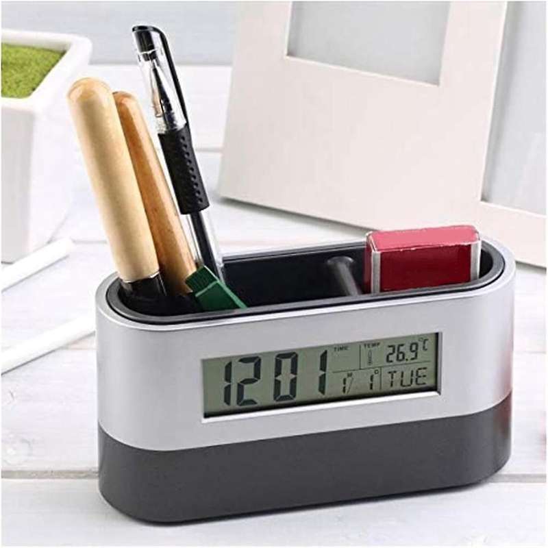 Silent Alarm Clock,Table Clock,Electronic Digital Pen Holder,Tools Name Card Holder,Calendar Tempera