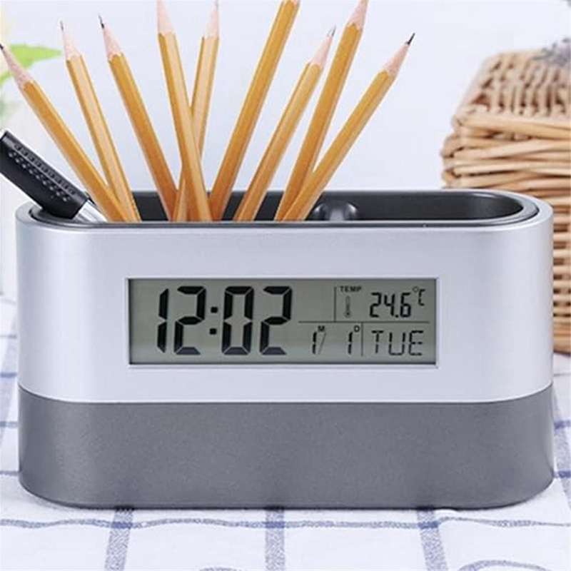 Silent Alarm Clock,Table Clock,Electronic Digital Pen Holder,Tools Name Card Holder,Calendar Tempera