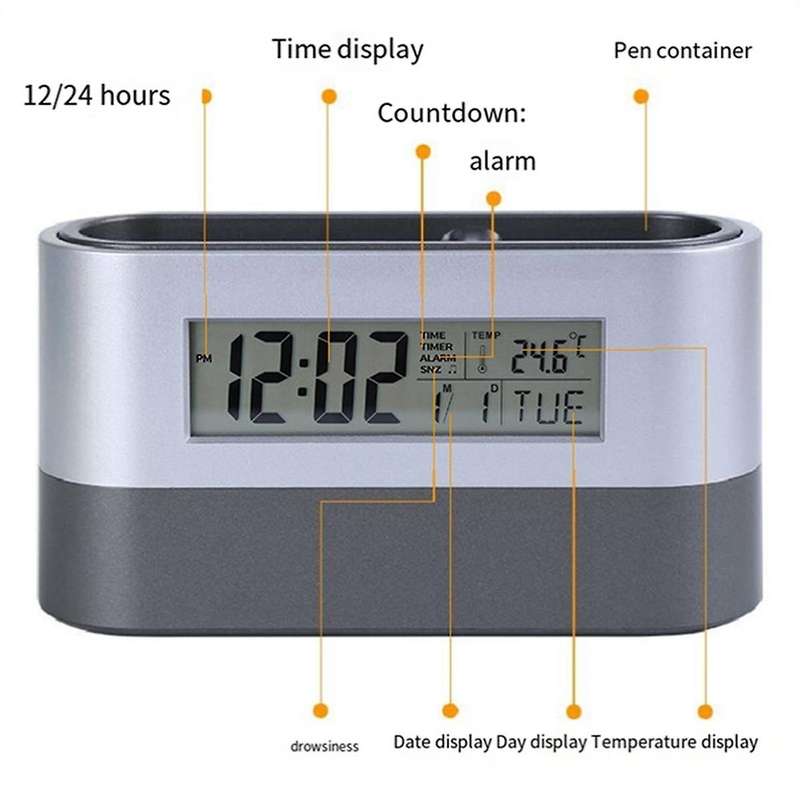 Silent Alarm Clock,Table Clock,Electronic Digital Pen Holder,Tools Name Card Holder,Calendar Tempera