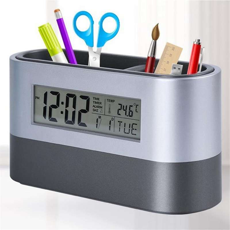 Silent Alarm Clock,Table Clock,Electronic Digital Pen Holder,Tools Name Card Holder,Calendar Tempera