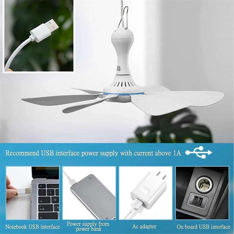 Silent 6 Leaves USB Powered Ceiling Canopy Fan Hanging Fan for Camping Bed Dormitory Tent