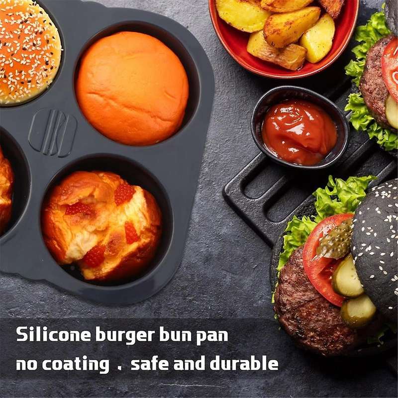 Silicone French Bread Pan and Hamburger Bun Pan Set Nonstick 4 Wave Baking Tray 6Cup Hamburger Bun M