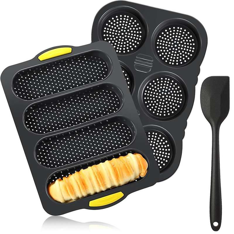 Silicone French Bread Pan and Hamburger Bun Pan Set Nonstick 4 Wave Baking Tray 6Cup Hamburger Bun M