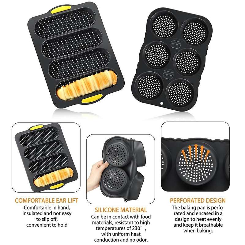 Silicone French Bread Pan and Hamburger Bun Pan Set Nonstick 4 Wave Baking Tray 6Cup Hamburger Bun M