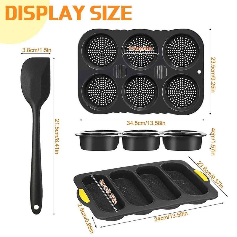 Silicone French Bread Pan and Hamburger Bun Pan Set Nonstick 4 Wave Baking Tray 6Cup Hamburger Bun M